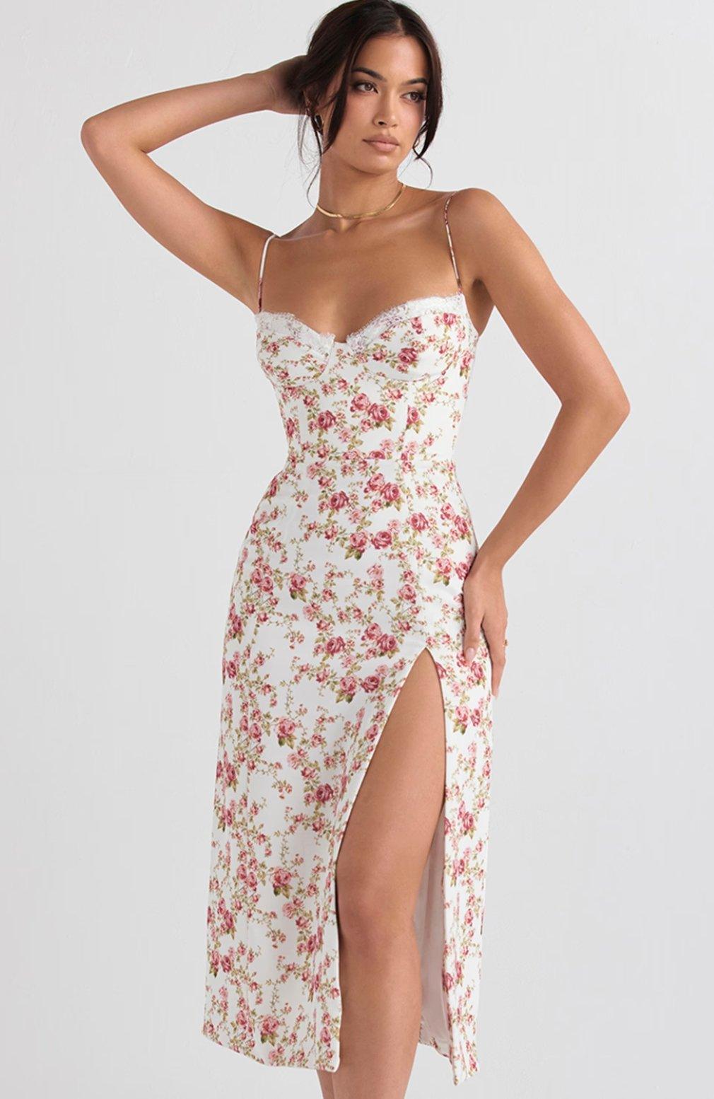 Isabella - Women's Rose Print Dress for Spring and Summer Events - Rebooters -Women's Dresses