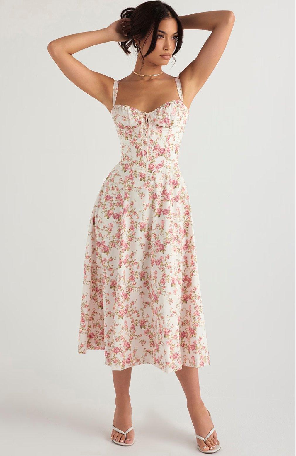 Isabella - Women's Rose Print Dress for Spring and Summer Events - Rebooters -Women's Dresses