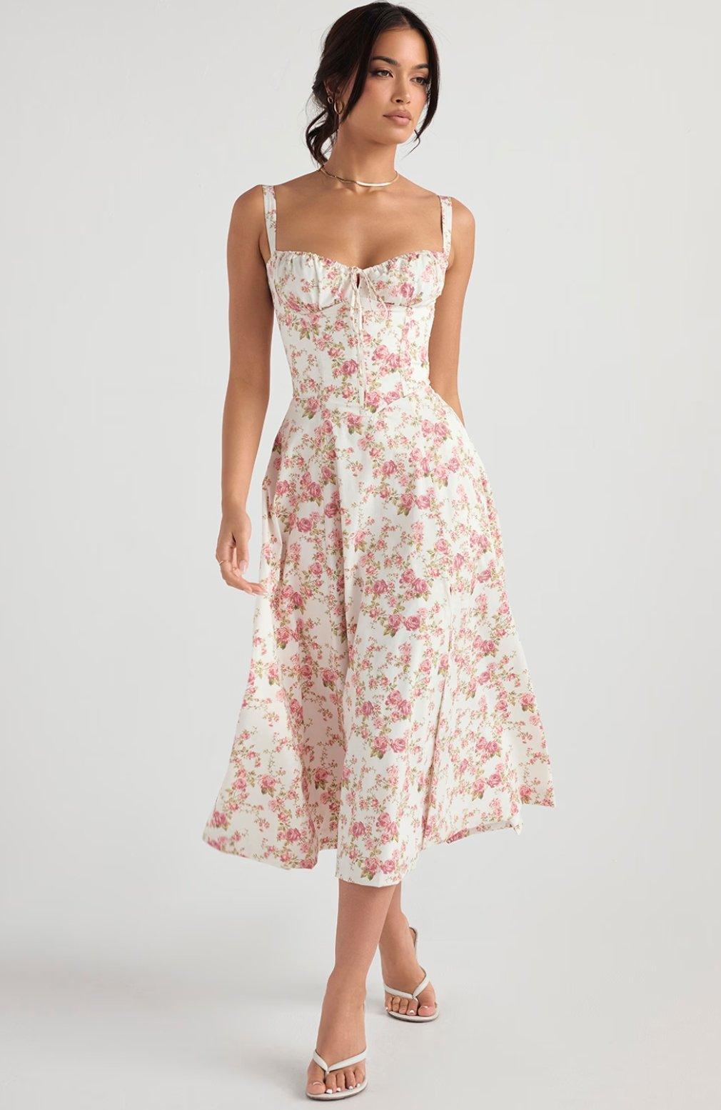 Isabella - Women's Rose Print Dress for Spring and Summer Events - Rebooters -Women's Dresses