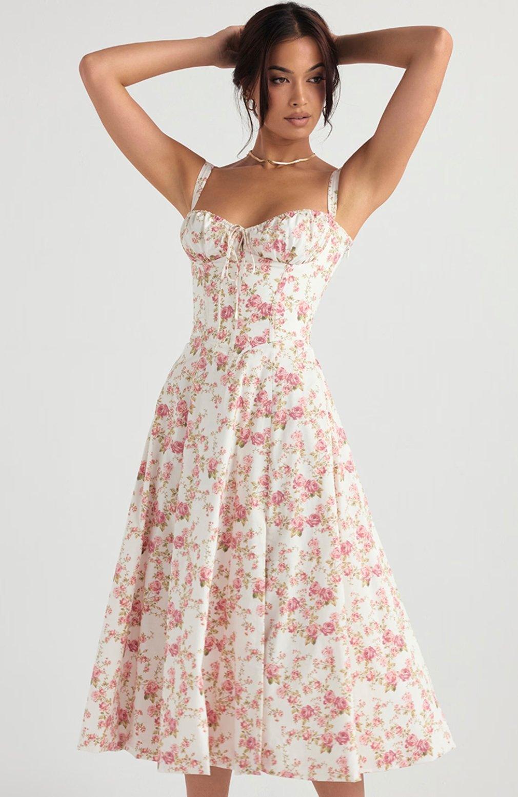 Isabella - Women's Rose Print Dress for Spring and Summer Events - Rebooters -Women's Dresses
