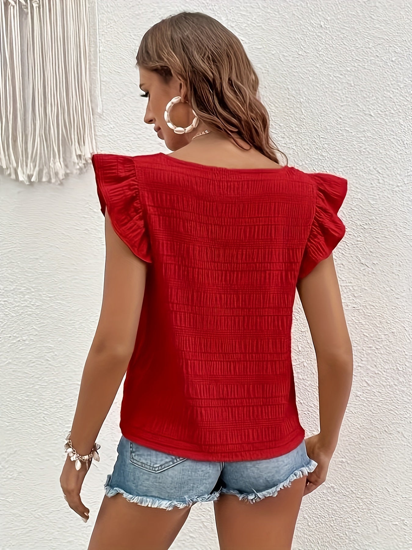 Smocked Square-Neck Top With Flutter Sleeves For Women - Rebooters