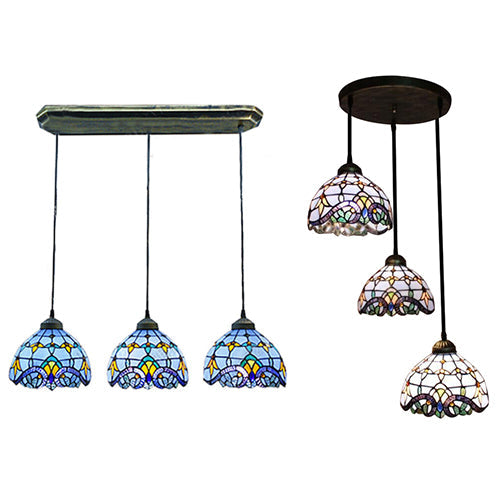 Victorian Dome Pendant Light Stained Glass 3 Heads Linear Round Hanging Light White Blue Dining Room - Rebooters