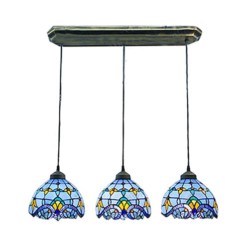 Victorian Dome Pendant Light Stained Glass 3 Heads Linear Round Hanging Light White Blue Dining Room - Rebooters