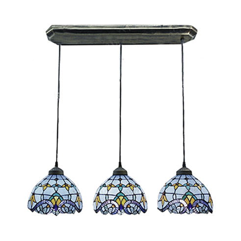 Victorian Dome Pendant Light Stained Glass 3 Heads Linear Round Hanging Light White Blue Dining Room - Rebooters
