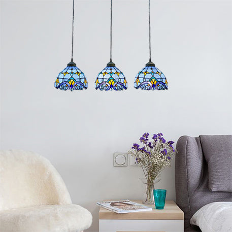 Victorian Dome Pendant Light Stained Glass 3 Heads Linear Round Hanging Light White Blue Dining Room - Rebooters