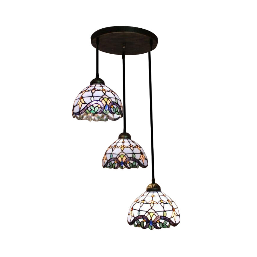Victorian Dome Pendant Light Stained Glass 3 Heads Linear Round Hanging Light White Blue Dining Room - Rebooters