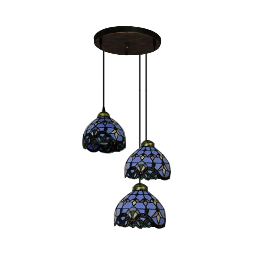 Victorian Dome Pendant Light Stained Glass 3 Heads Linear Round Hanging Light White Blue Dining Room - Rebooters