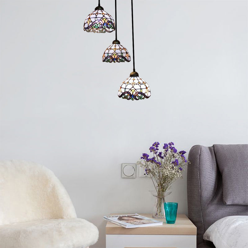 Victorian Dome Pendant Light Stained Glass 3 Heads Linear Round Hanging Light White Blue Dining Room - Rebooters