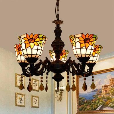 Bell Chandelier Tiffany Stained Glass 5 Lights Sunflower Light - Rebooters