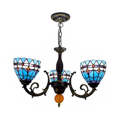 3 Lights Bowl-Shaped Hanging Light Tiffany Stained Glass Chandelier for Living Room - Rebooters