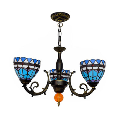 3 Lights Bowl-Shaped Hanging Light Tiffany Stained Glass Chandelier for Living Room - Rebooters