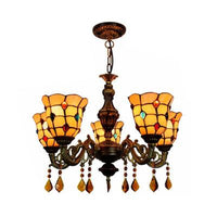 5 Lights Bell Shape Hanging Light Lodge Stained Glass Jewel Chandelier - Rebooters