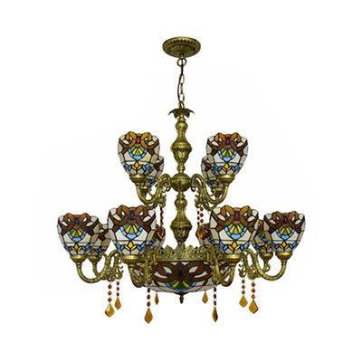 15 Lights Domed Hanging Lamp Victorian Stained Glass Crystal Chandelier Light in Brown - Rebooters