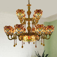 15 Lights Domed Hanging Lamp Victorian Stained Glass Crystal Chandelier Light in Brown - Rebooters