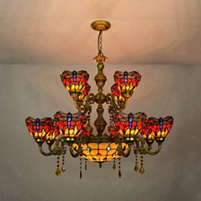 13 Lights Dome-Shaped Hanging Lamp Tiffany Style Stained Glass Dragonfly Chandelier - Rebooters