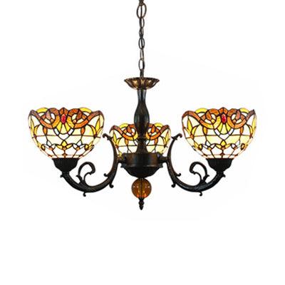Beige Bowl Shade Chandelier Vintage Stained Glass 3 Lights - Rebooters