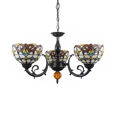 Beige Bowl Shade Chandelier Vintage Stained Glass 3 Lights - Rebooters