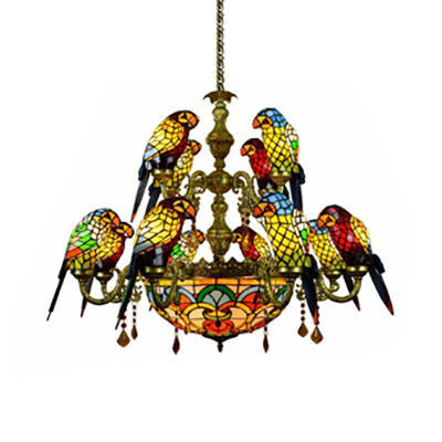 12 Arms Parrot Suspension Light Rustic Stained Glass Chandelier in Yellow - Rebooters