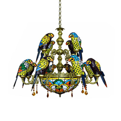 12 Arms Parrot Suspension Light Rustic Stained Glass Chandelier in Yellow - Rebooters