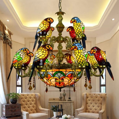 12 Arms Parrot Suspension Light Rustic Stained Glass Chandelier in Yellow - Rebooters