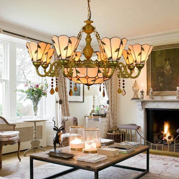 9 Lights Hanging Light Industrial Vintage Stained Glass Chandelier - Rebooters