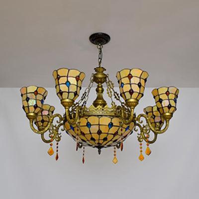 8 Arms Bell Suspension Light Rustic Stained Glass Chandelier Light for Villa - Rebooters