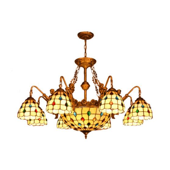 Beige Domed Chandelier Lamp Tiffany 15 Lights Hanging Light - Rebooters