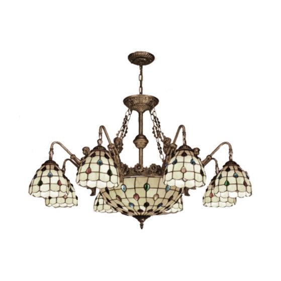 Beige Domed Chandelier Lamp Tiffany 15 Lights Hanging Light - Rebooters