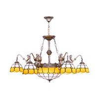9 Lights Pendant Lighting Tiffany Domed Stained Glass Chandelier Lamp in Yellow - Rebooters
