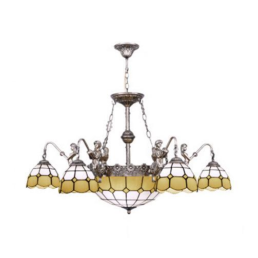 9 Lights Pendant Lighting Tiffany Domed Stained Glass Chandelier Lamp in Yellow - Rebooters
