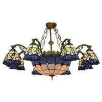 9 Lights Flared Suspension Light Vintage Stained Glass Chandelier Lamp in Blue - Rebooters