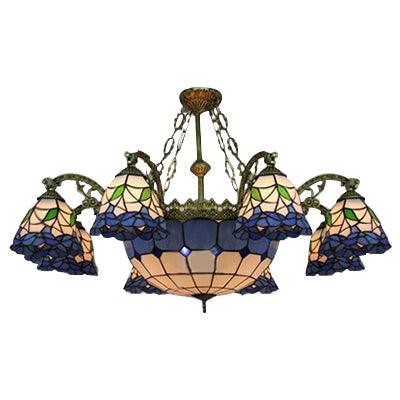 9 Lights Flared Suspension Light Vintage Stained Glass Chandelier Lamp in Blue - Rebooters