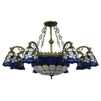 9 Lights Flared Suspension Light Vintage Stained Glass Chandelier Lamp in Blue - Rebooters