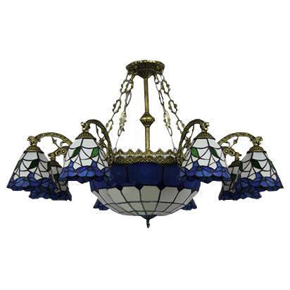 9 Lights Flared Suspension Light Vintage Stained Glass Chandelier Lamp in Blue - Rebooters