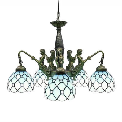 5 Lights Dome Hanging Chandelier Tiffany Blue Cut Glass Pendant Light Fixture with Mermaid Deco - Rebooters