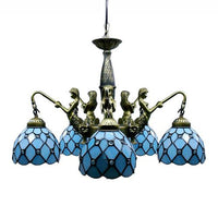 5 Lights Dome Hanging Chandelier Tiffany Blue Cut Glass Pendant Light Fixture with Mermaid Deco - Rebooters