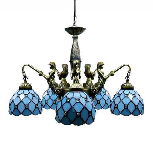 5 Lights Dome Hanging Chandelier Tiffany Blue Cut Glass Pendant Light Fixture with Mermaid Deco - Rebooters