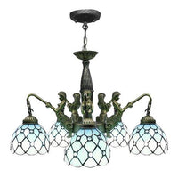 5 Lights Dome Hanging Chandelier Tiffany Blue Cut Glass Pendant Light Fixture with Mermaid Deco - Rebooters