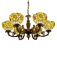 6 Lights Sunflower Hanging Light Tiffany Style Stained Glass Chandelier Lighting for Bedroom - Rebooters
