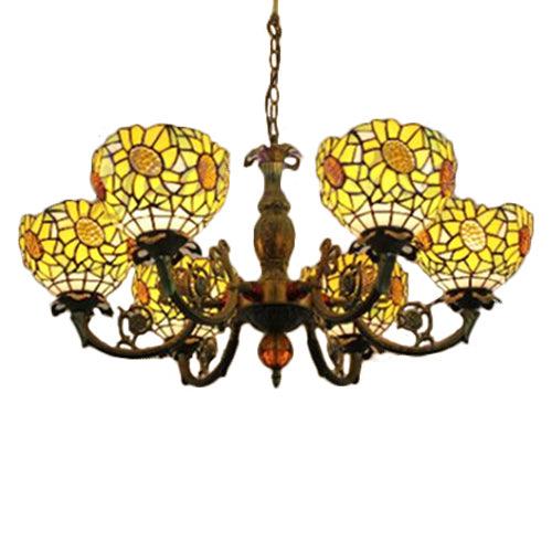 6 Lights Sunflower Hanging Light Tiffany Style Stained Glass Chandelier Lighting for Bedroom - Rebooters