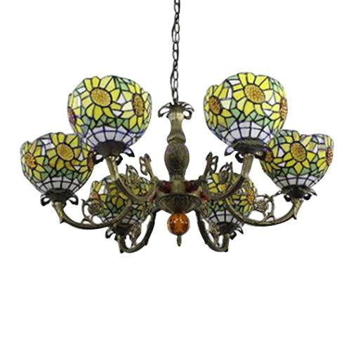 6 Lights Sunflower Hanging Light Tiffany Style Stained Glass Chandelier Lighting for Bedroom - Rebooters