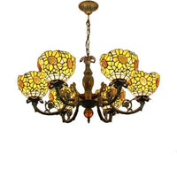 6 Lights Sunflower Hanging Light Tiffany Style Stained Glass Chandelier Lighting for Bedroom - Rebooters