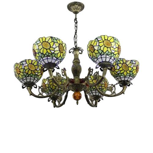 6 Lights Sunflower Hanging Light Tiffany Style Stained Glass Chandelier Lighting for Bedroom - Rebooters