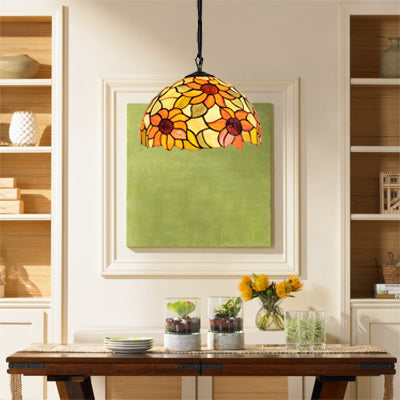 12"/16" Wide Domed Hanging Lamp Tiffany-Style Sunflower Light - Rebooters