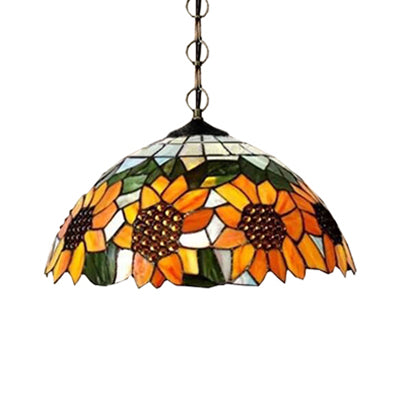 12"/16" Wide Domed Hanging Lamp Tiffany-Style Sunflower Light - Rebooters