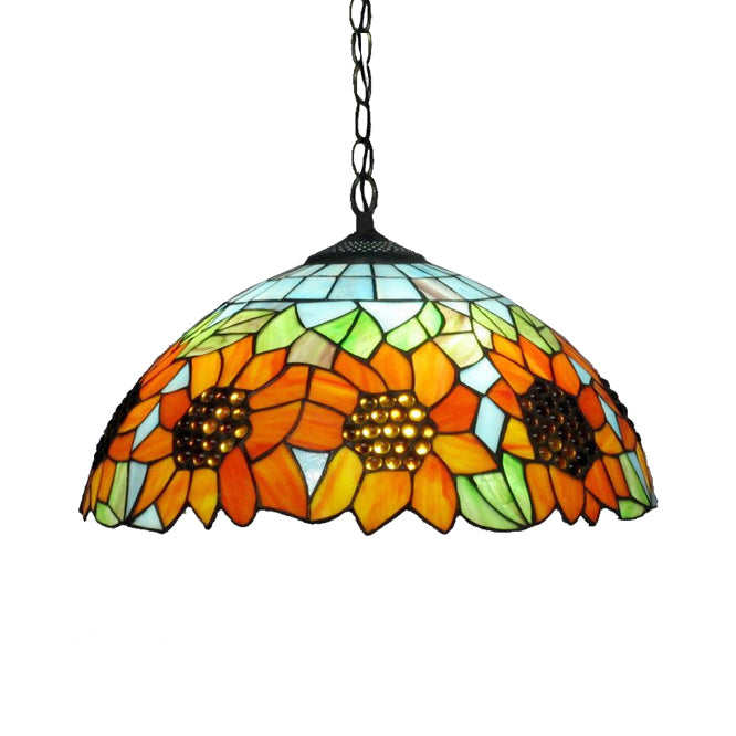 12"/16" Wide Domed Hanging Lamp Tiffany-Style Sunflower Light - Rebooters