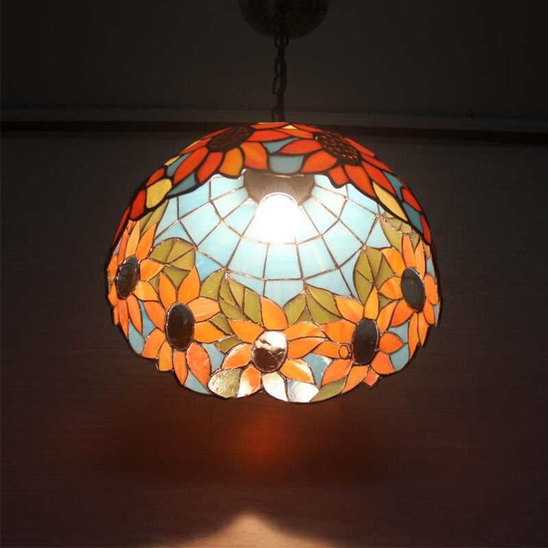 12"/16" Wide Domed Hanging Lamp Tiffany-Style Sunflower Light - Rebooters