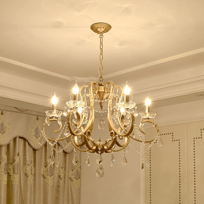 Gold 6 Bulbs Scroll Chandelier Light Fixture with Crystal Lamp - Rebooters
