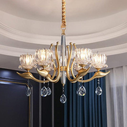 6-Light Lotus Shade Pendulum Light Gold Finish Chandelier - Rebooters