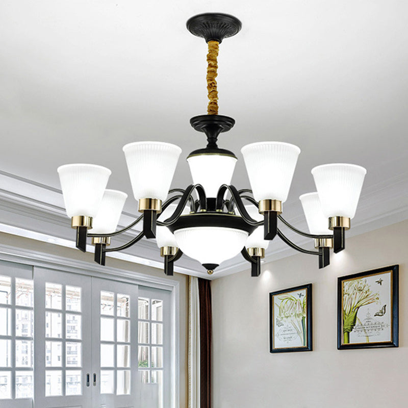 6/8 Heads Conical Chandelier Light Traditional Black Opal Glass Pendant - Rebooters